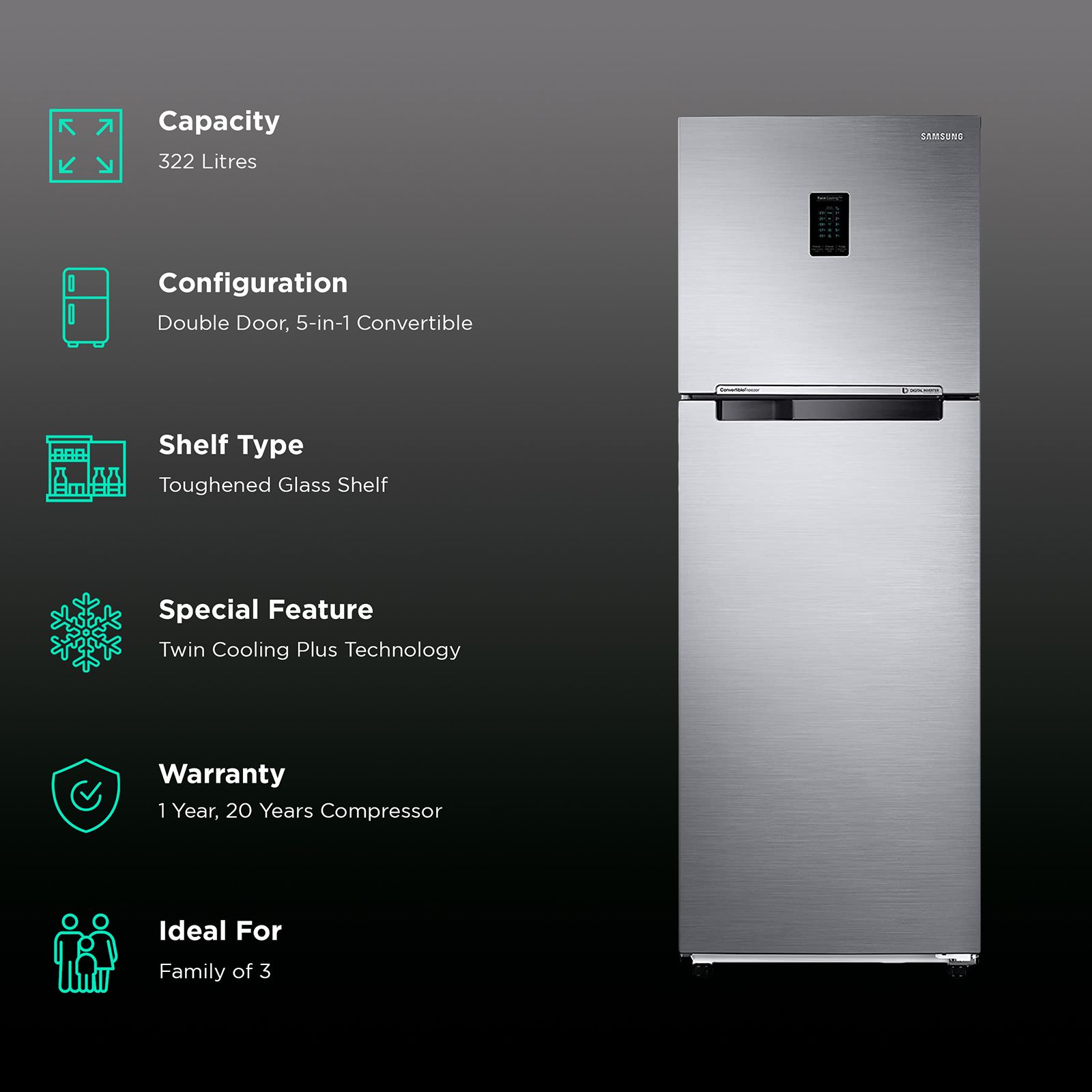 Buy SAMSUNG 322 Litres 2 Star Frost Free Double Door Convertible